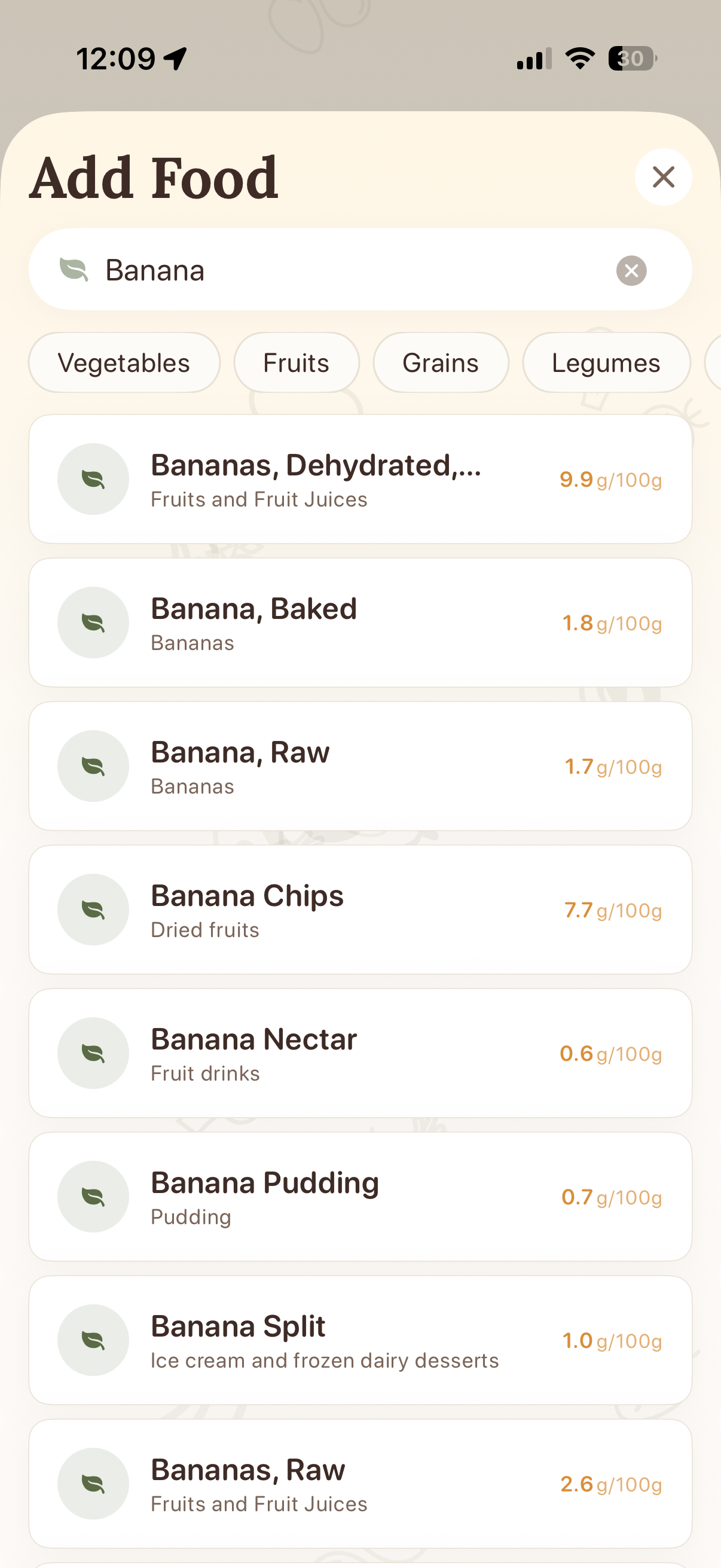 Grove food search showing fiber content per serving