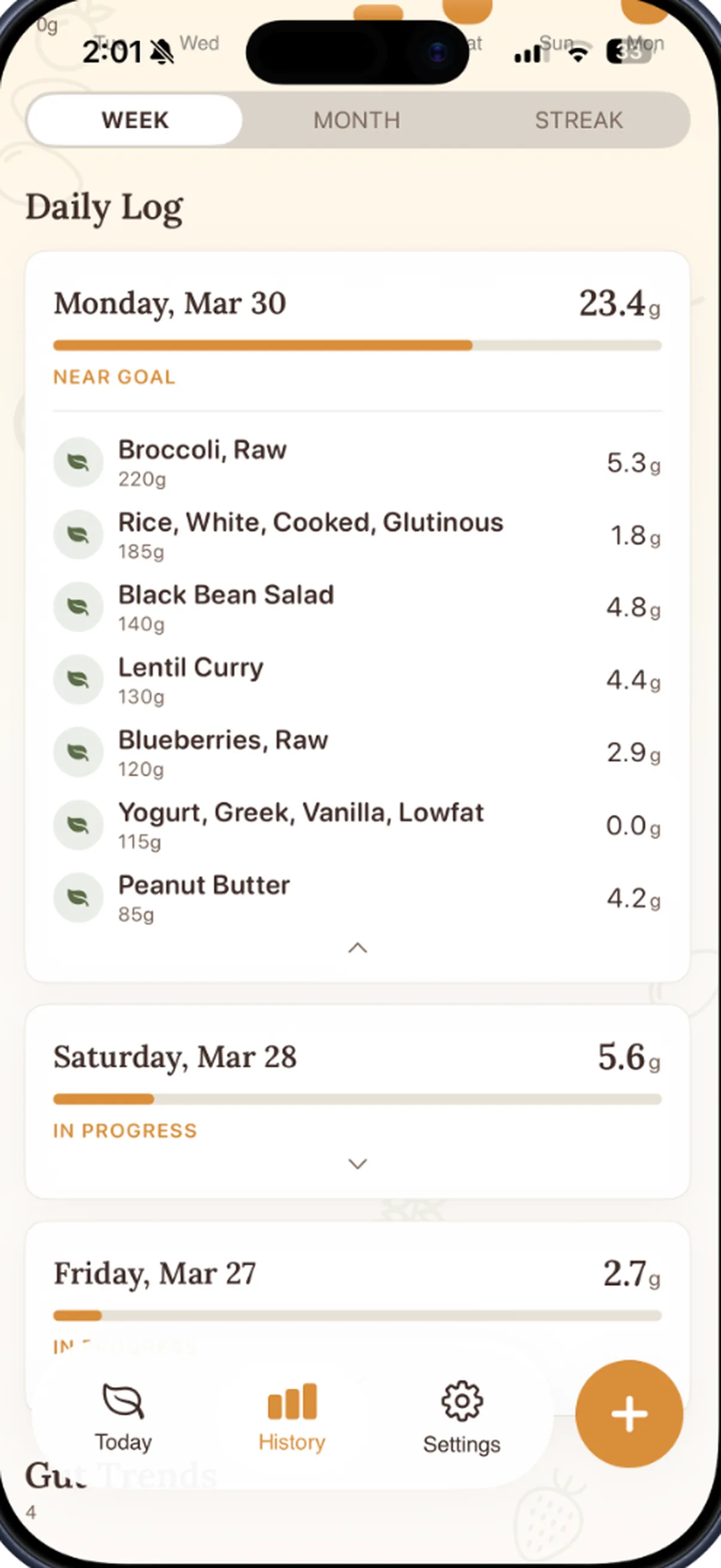 Grove daily gut check-in and food log