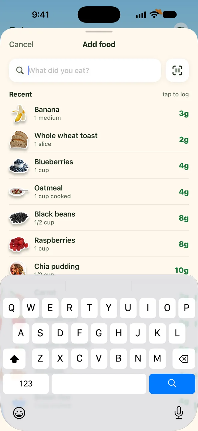 Grove Add food screen with a search box, a barcode button and a list of recent foods