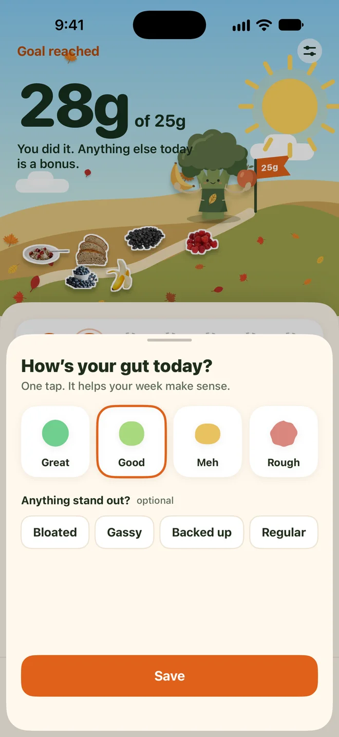 Grove gut check-in with Great, Good, Meh and Rough, and tags like Bloated and Regular