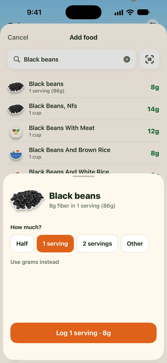 Grove serving picker for black beans with Half, 1 serving, 2 servings and Other