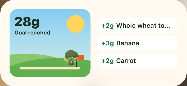Grove's home screen widget: today's fiber on the hill, with three foods to log in one tap